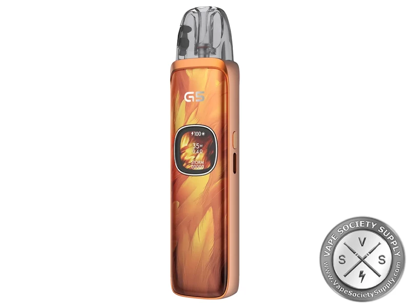 Orange Feathers refillable vape device with bright patterned finish