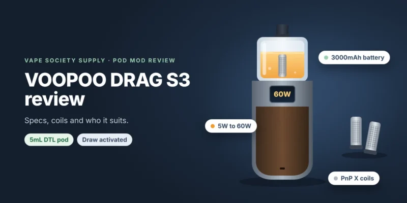 DRAG S3 review graphic: a VOOPOO pod mod kit with a 5mL DTL pod and PnP X coils, with tags for 3000mAh and 60W