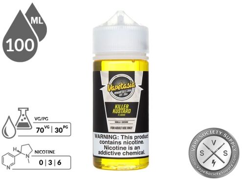 Killer Kustard Vapetasia 100ml bottle with a 70/30 VG/PG icon and nicotine strength icons