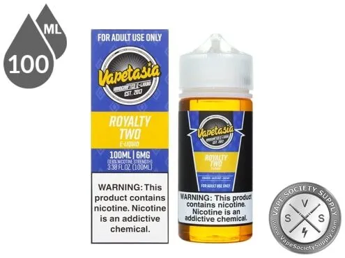 Royalty Two Vapetasia 100ml bottle in front of its box