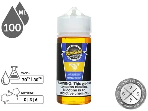Royalty Two Vapetasia 100ml bottle with a 70/30 VG/PG icon and nicotine strength icons
