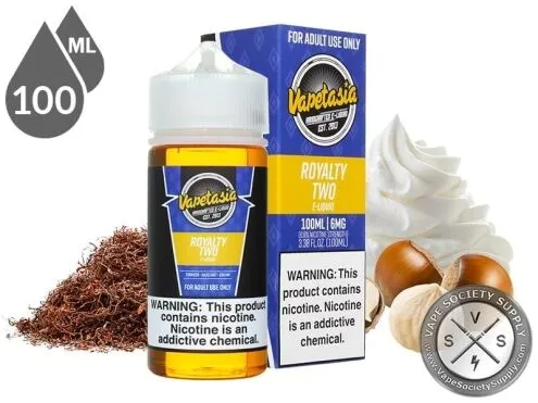 Royalty Two Vapetasia 100ml bottle and box with shredded tobacco, hazelnuts and whipped cream