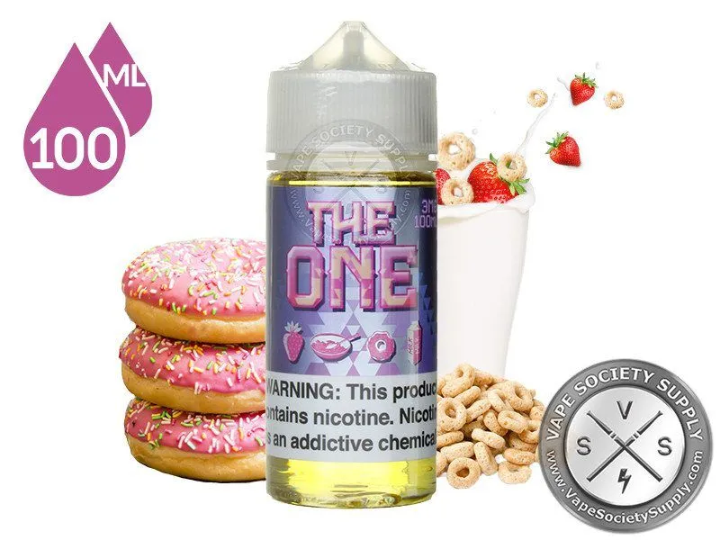 Strawberry THE ONE 100ml bottle with pink frosted donuts, strawberries, cereal and milk