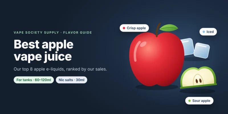 Flavor guide graphic for apple vape juice: a red apple, a green apple slice and ice cubes, with tags for tanks and nic salts