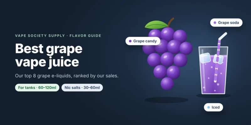 Flavor guide graphic for grape vape juice: a bunch of purple grapes and a glass of grape soda with ice, with tags for tanks and nic salts