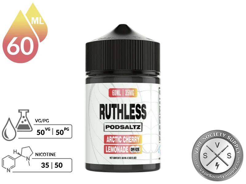 Arctic Cherry Lemonade On Ice Ruthless Essentials Pod Salt 60ml bottle with a 50/50 VG/PG icon and nicotine strength icons