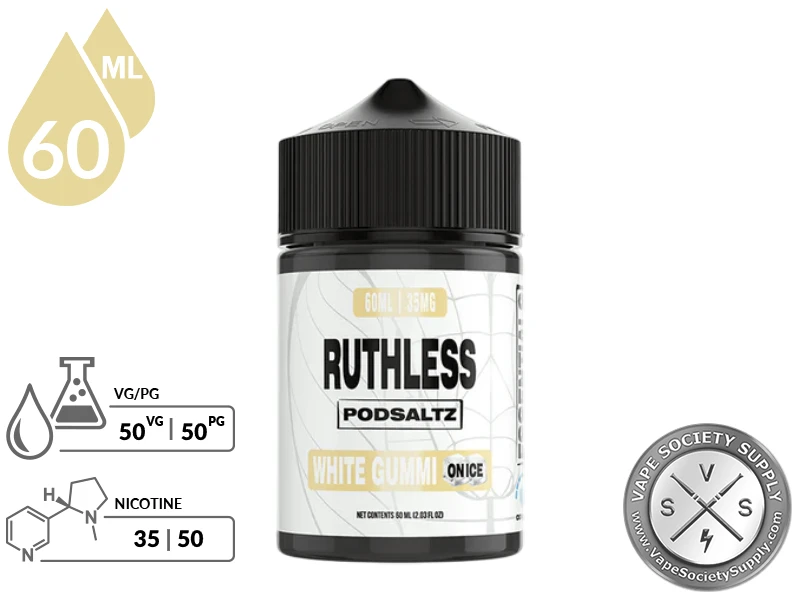 White Gummi On Ice Ruthless Essentials Pod Salt 60ml bottle with a 50/50 VG/PG icon and nicotine strength icons