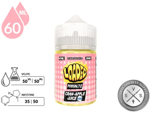 Cran Apple Iced Loaded PODSALTZ 60ml bottle with a VG/PG icon and nicotine strength icons