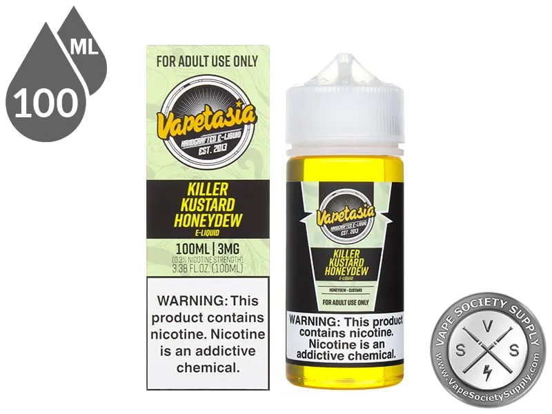 Killer Kustard Honeydew Vapetasia 100ml bottle in front of its box