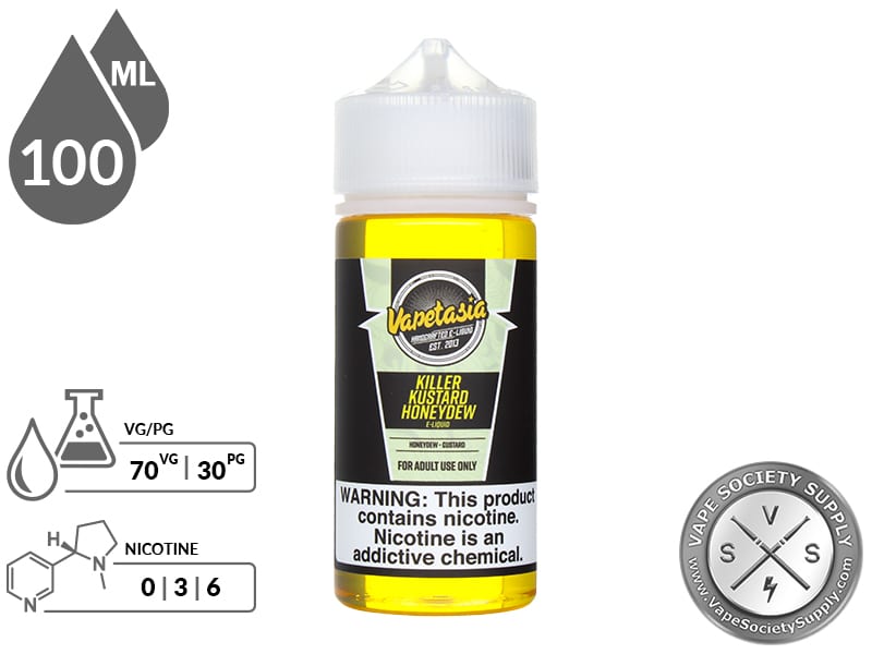 Killer Kustard Honeydew Vapetasia 100ml bottle with a 70/30 VG/PG icon and nicotine strength icons