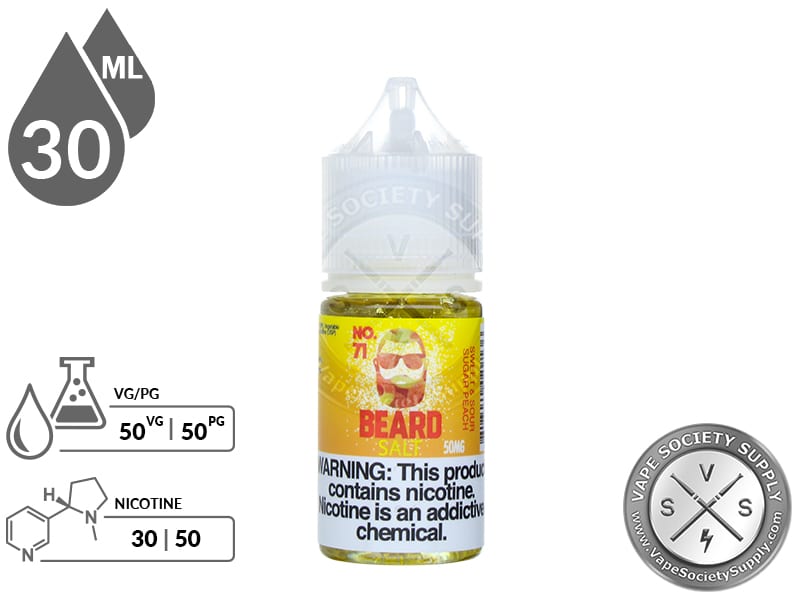 No. 71 Beard Salt 30ml bottle with a 50/50 VG/PG icon and nicotine strength icons