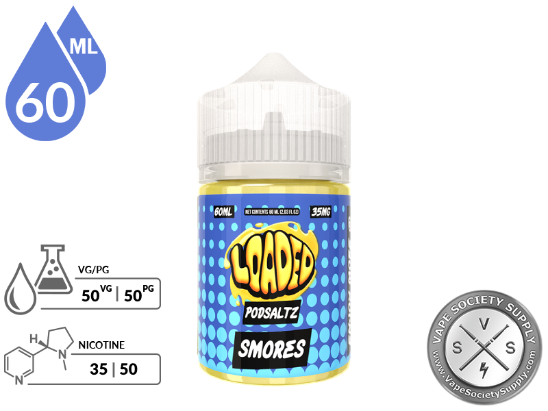 S'mores Loaded PODSALTZ 60ml bottle with a VG/PG icon and nicotine strength icons