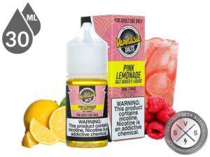 Pink Lemonade Vapetasia Salt 30ml bottle and box with lemons, raspberries and a glass of pink lemonade