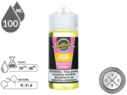 Milk of the Poppy Vapetasia 100ml bottle with a 70/30 VG/PG icon and nicotine strength icons