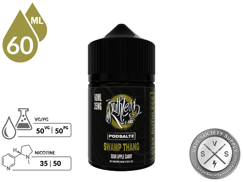 Swamp Thang Ruthless PODSALTZ 60ml bottle with a 50/50 VG/PG icon and nicotine strength icons