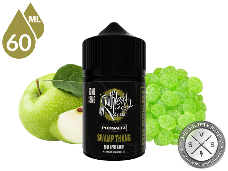 Swamp Thang Ruthless PODSALTZ 60ml bottle with green apples and green apple candies