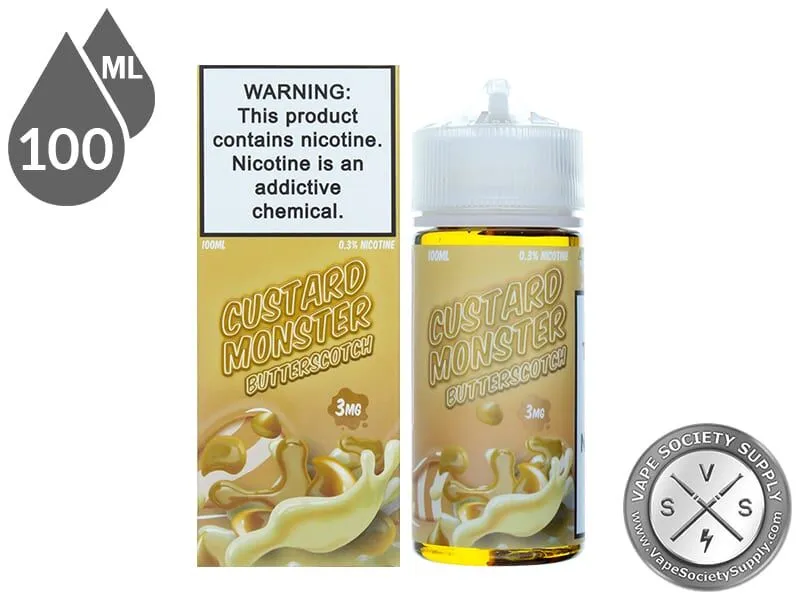 Butterscotch Custard Monster 100ml bottle in front of its box
