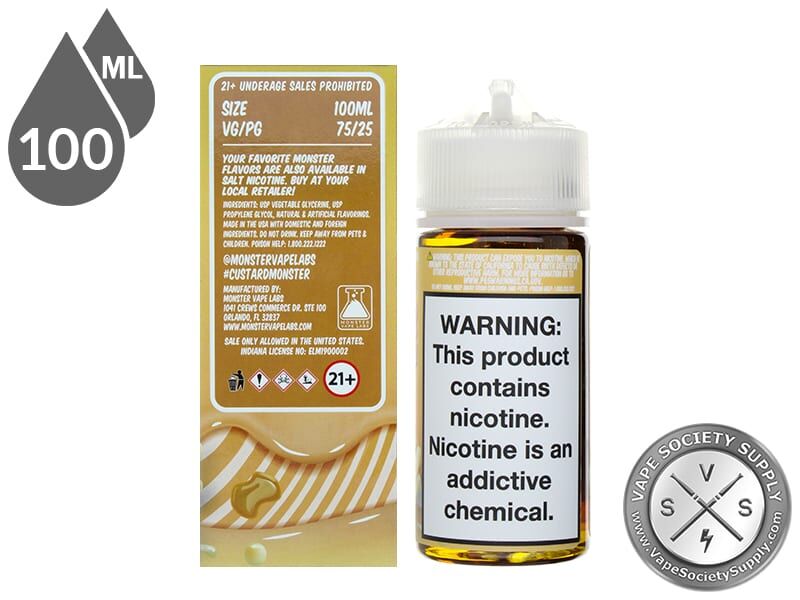 Butterscotch Custard Monster 100ml box Vape Facts panel with size, VG/PG and flavor mix, next to the bottle