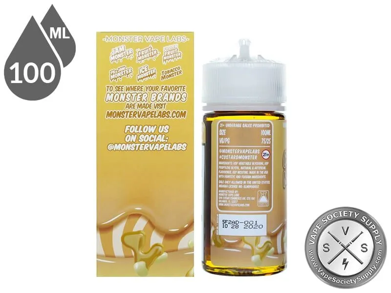 Butterscotch Custard Monster 100ml bottle next to the box side with social media info
