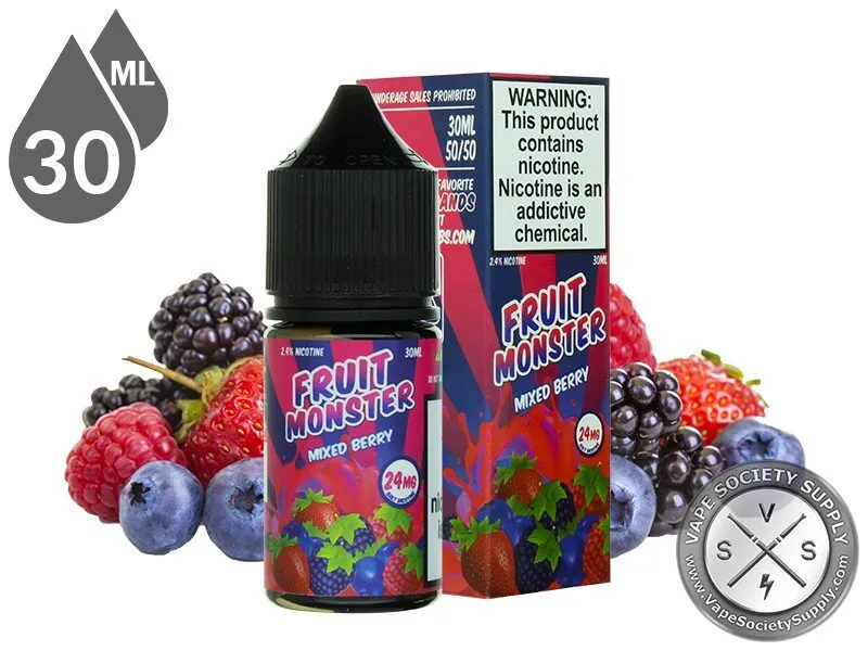 Mixed Berry Fruit Monster Salt 30ml bottle and box with blackberries, raspberries, blueberries and a strawberry