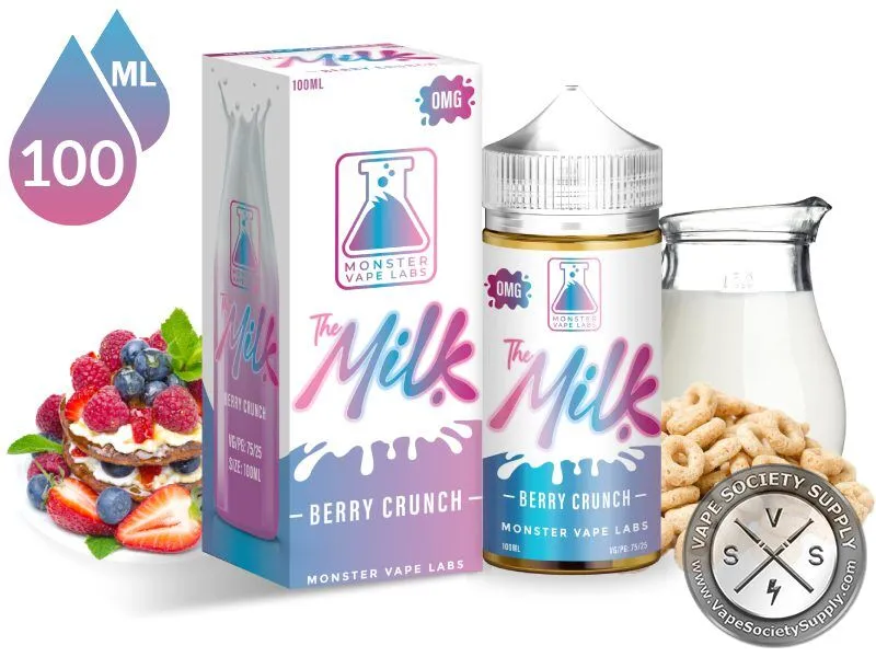Berry Crunch The Milk 100ml bottle and box with mixed berries, cereal and a jug of milk