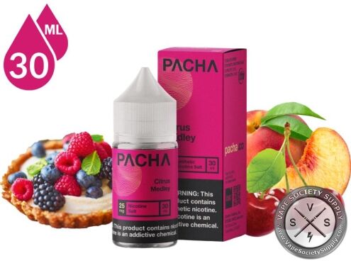 Citrus Medley PACHA Salt 30ml bottle and box with a berry tart and peaches