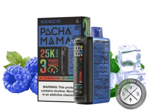 Pachamama 25K disposable in Blue Razz Ice with its box, blue raspberries, mint and ice