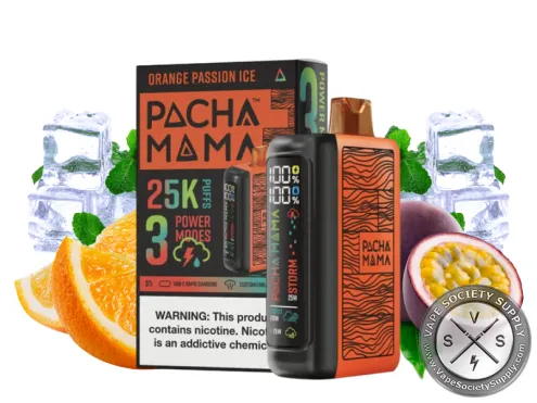 Pachamama 25K disposable in Orange Passion Ice with its box, oranges, passion fruit and ice