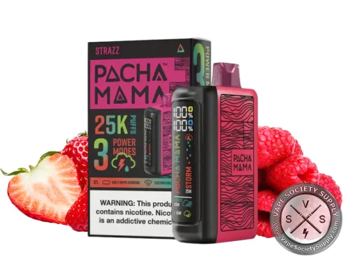 Pachamama 25K disposable in Strazz with its box, strawberries and raspberries