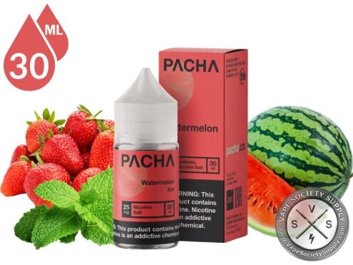 Watermelon Ice PACHA Salt 30ml bottle and box with watermelon, strawberries and mint
