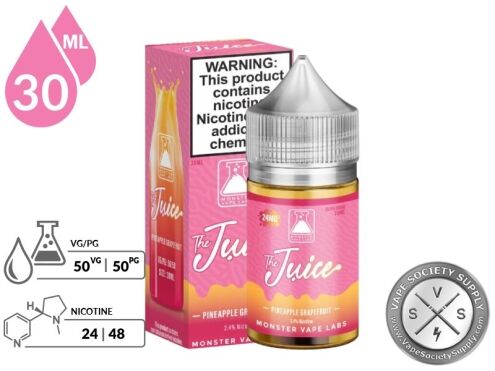Pineapple Grapefruit The Juice Salt 30ml bottle and box with 50VG/50PG and 24mg and 48mg nicotine icons