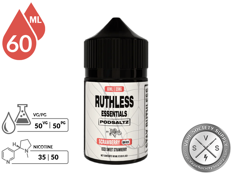 Scrawberry On Ice Ruthless Essentials Pod Salt 60ml bottle with a 50/50 VG/PG icon and nicotine strength icons