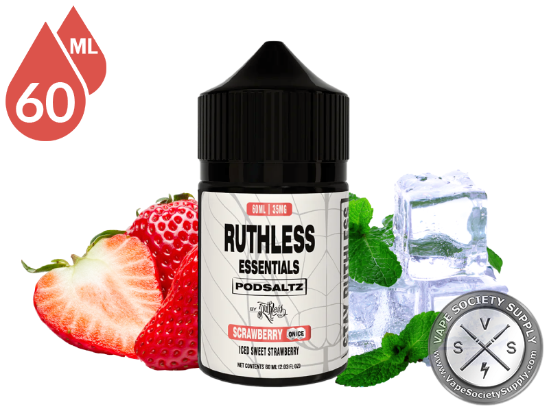 Scrawberry On Ice Ruthless Essentials Pod Salt 60ml bottle with strawberries, mint leaves and ice