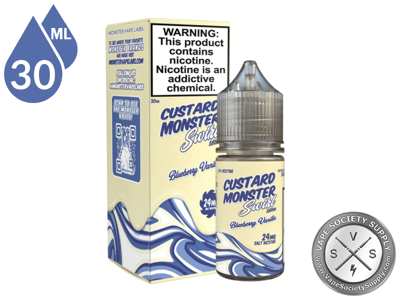 Blueberry Vanilla Swirl Custard Monster Salt 30ml bottle in front of its box