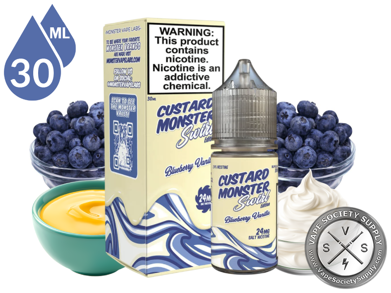 Blueberry Vanilla Swirl Custard Monster Salt 30ml bottle and box with blueberries, a bowl of custard and whipped cream