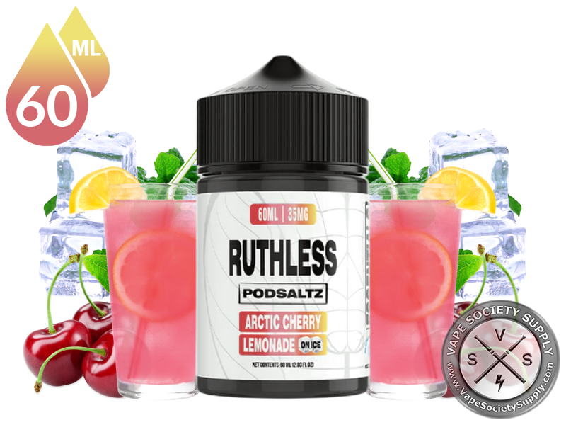 Arctic Cherry Lemonade On Ice Ruthless Essentials Pod Salt 60ml bottle with glasses of cherry lemonade, cherries, lemons and ice