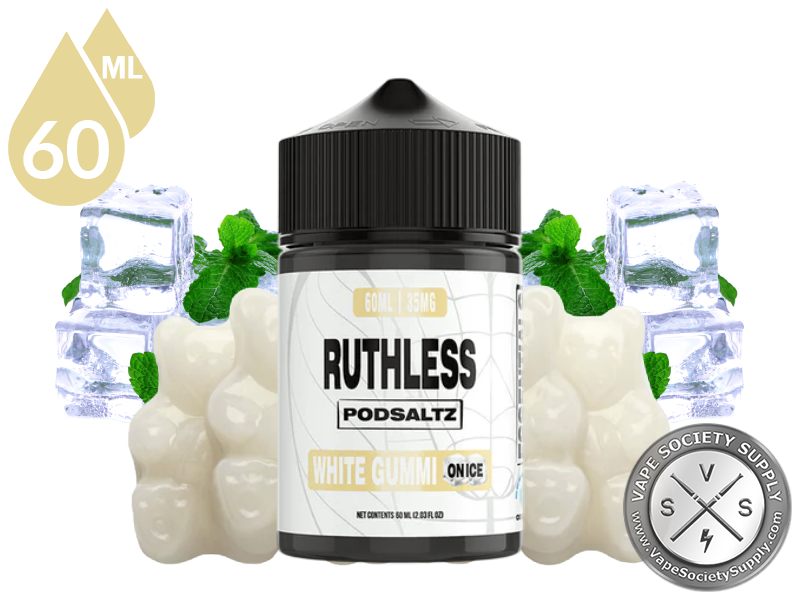 White Gummi On Ice Ruthless Essentials Pod Salt 60ml bottle with white gummy candies, mint and ice
