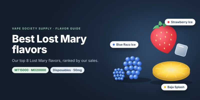Lost Mary flavors graphic: blue raspberries, a strawberry and a pineapple slice, with tags for the MT15000 and MO20000
