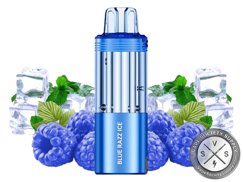 Foger Switch Pro 30K Pod Blue Razz Ice with blue raspberries, ice cubes and mint leaves