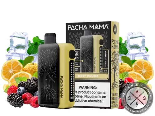 PACHA MAMA 75K disposable in Berry Yuzu Ice with its box, oranges, berries and ice