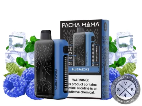 PACHA MAMA 75K disposable in Blue Razz Ice with its box, blue raspberries, mint and ice