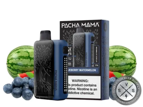 PACHA MAMA 75K disposable in Blueberry Watermelon with its box, watermelon and blueberries