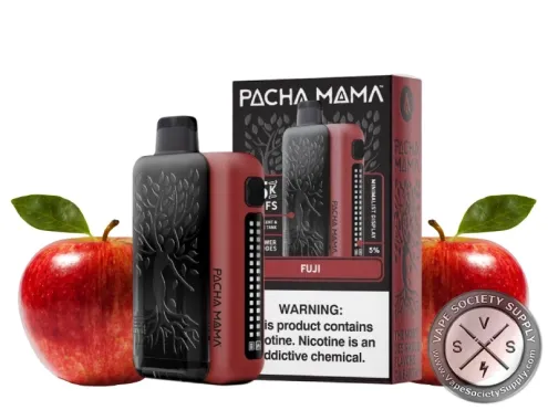 PACHA MAMA 75K disposable in Fuji with its box, red apples