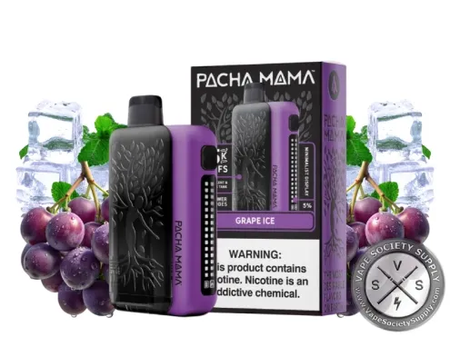 PACHA MAMA 75K disposable in Grape Ice with its box, grapes and ice