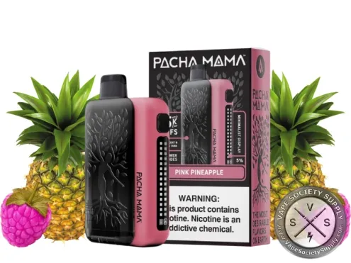 PACHA MAMA 75K disposable in Pink Pineapple with its box, pineapples and raspberries