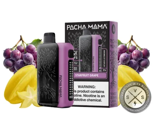 PACHA MAMA 75K disposable in Starfruit Grape with its box, starfruit and grapes