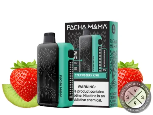 PACHA MAMA 75K disposable in Strawberry Kiwi with its box, strawberries and kiwi