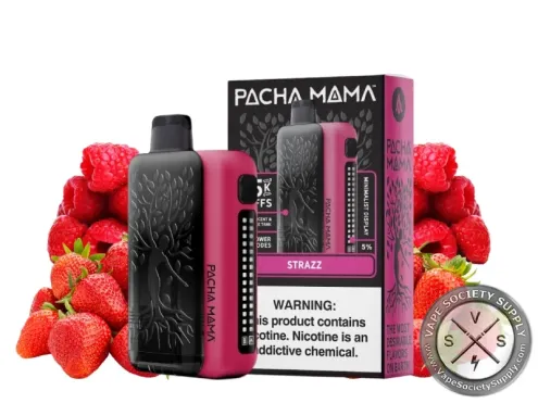 PACHA MAMA 75K disposable in Strazz with its box, strawberries and raspberries