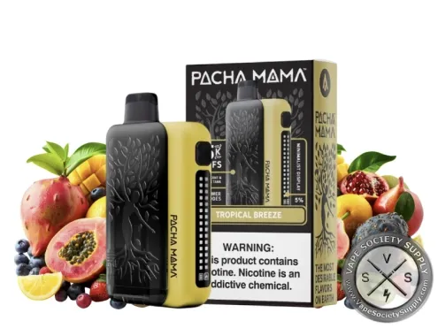 PACHA MAMA 75K disposable in Tropical Breeze with its box, papaya, mango and other tropical fruit
