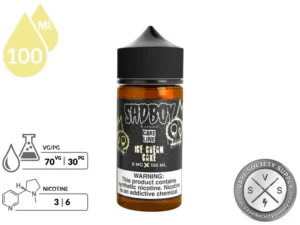 Ice Cream Cake SADBOY Cake Line product specifications showing 70VG/30PG and nicotine strengths.